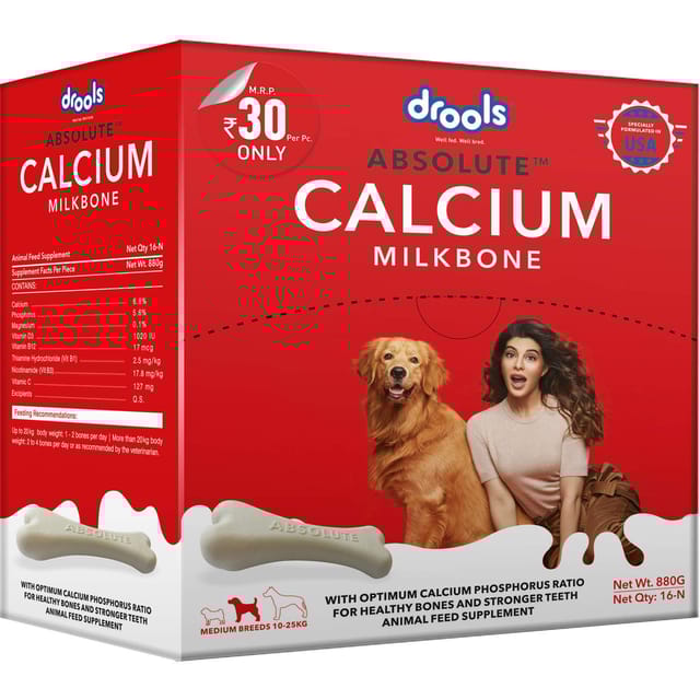 Drools Absolute Calcium Milk Bone, Dog Supplement for Medium Breed Dogs, 16 Pieces, 880g